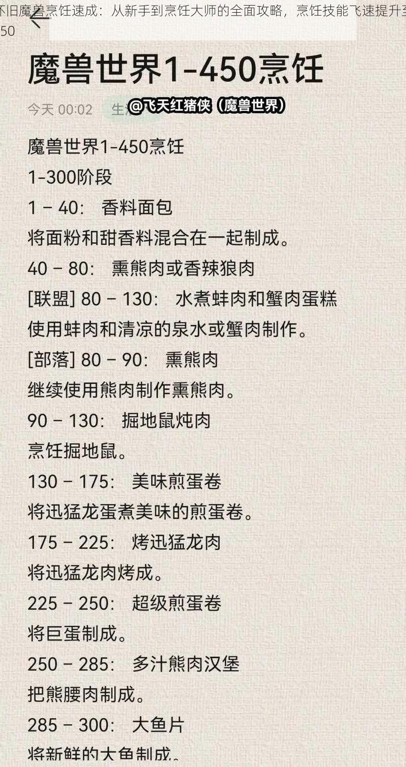 怀旧魔兽烹饪速成：从新手到烹饪大师的全面攻略，烹饪技能飞速提升至450