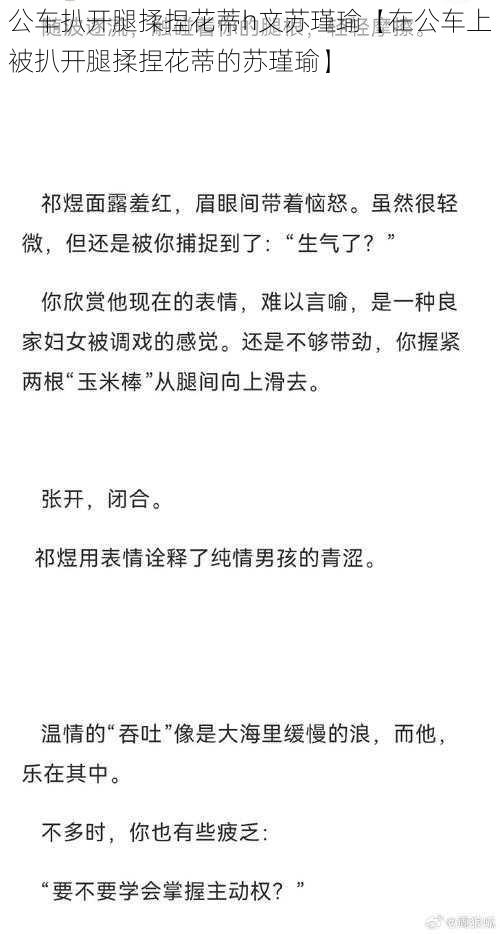 公车扒开腿揉捏花蒂h文苏瑾瑜【在公车上被扒开腿揉捏花蒂的苏瑾瑜】